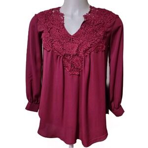 Melle Fashion‎ Blouse Top Women's Large Maroon Lace Paisley Long Sleeve V Neck